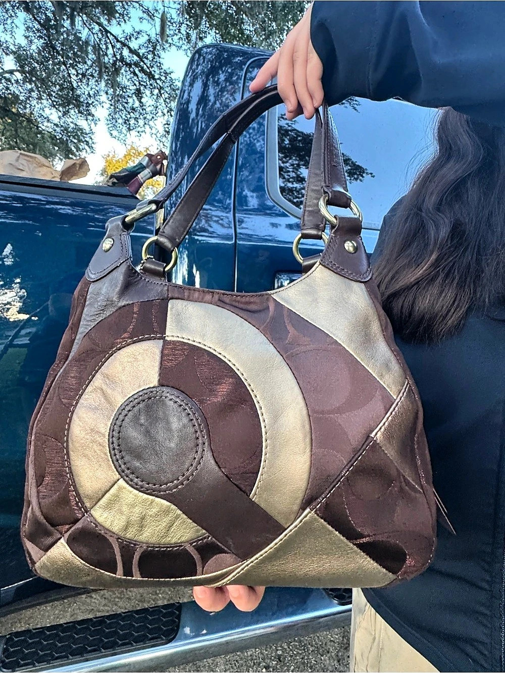 Coach Holiday Patchwork Hobo Bag Brown & Gold